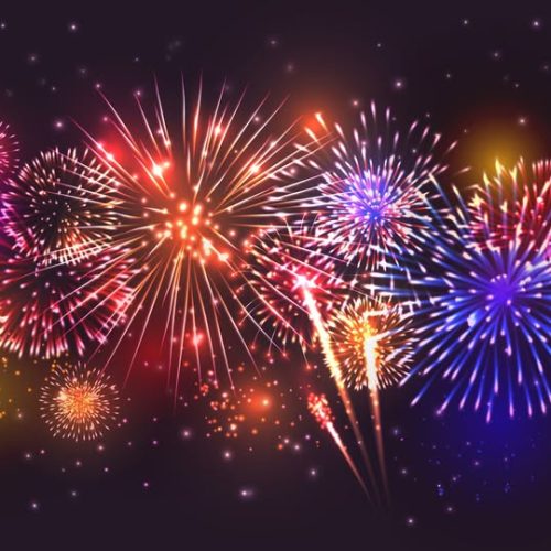 Realistic fireworks border composition with night sky background and colourful splashes with flying particles and specks vector illustration